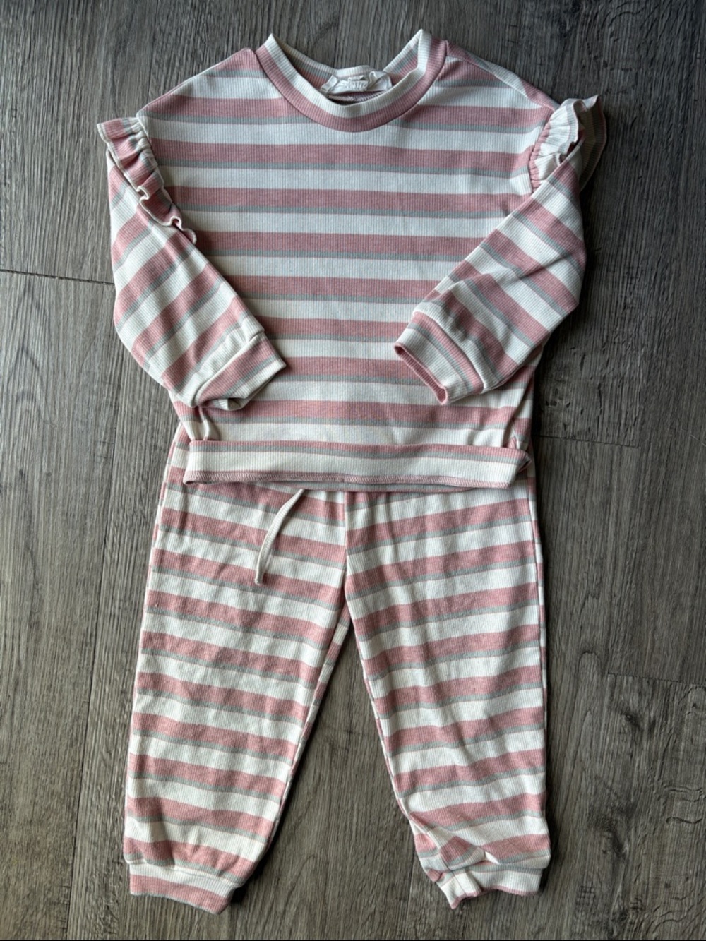 Girls Pink & White Striped P Set with Ruffle Shoulders